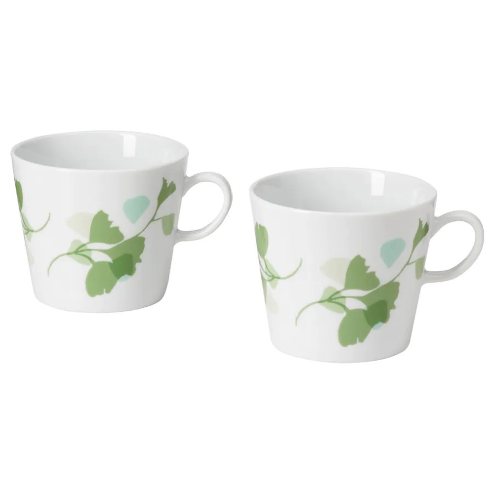 Mug, leaf patterned white/green, 11 oz(2 Pack)